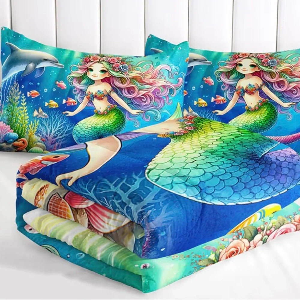 Mermaid Comforter Set Queen Size Dolphin, Coral, Seaweed, Fish, Ocean For Girls - Picture 2 of 4
